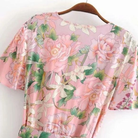 Boho Vintage Floral Print Ruffle Dress Pink Twirl - Picture 6 of 8